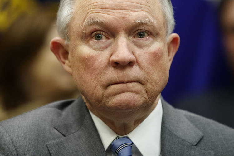 Attorney General Jeff Sessions listens during a meeting in the Roosevelt Room of the White House. (Evan Vucci/AP)