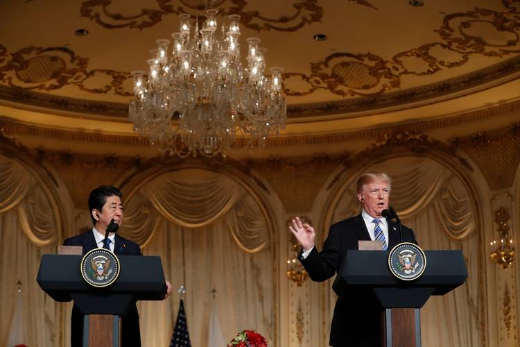 President Trump and Japanese Prime Minister Shinzo Abe speak during a news conference at Trump's private Mar-a-Lago club. (Pablo Martinez Monsivais/AP)