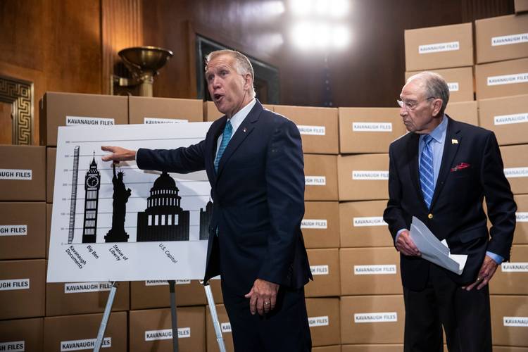 Sens. Thom Tillis (R-N.C.) and Chuck Grassley (R-Iowa) pulled a stunt news conference to excuse the lack of documents being made available about Brett Kavanaugh's record as a top White House official. (J. Scott Applewhite/AP)
