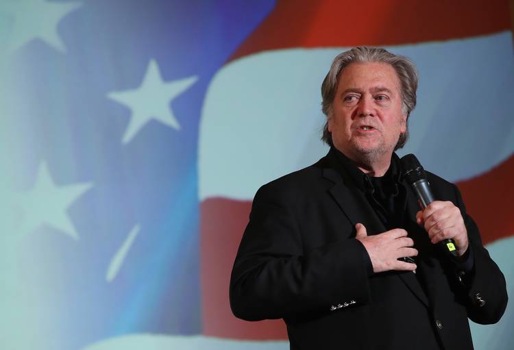 Steve Bannon speaks during a debate with Lanny Davis at Zofin Palace on May 22 in Prague. (Sean Gallup/Getty Images)