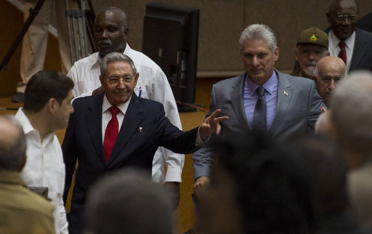 Cuban President Raúl Castro enters the National Assembly followed by his successor Miguel Diaz-Canel in Havana on Wednesday. (Irene Perez/Cubadebate/AP)