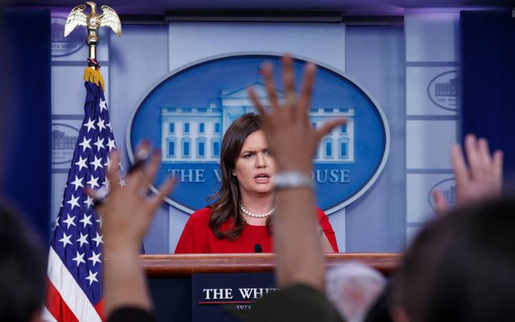 Press secretary Sarah Huckabee Sanders speaks during the daily news briefing. (Carolyn Kaster/AP)