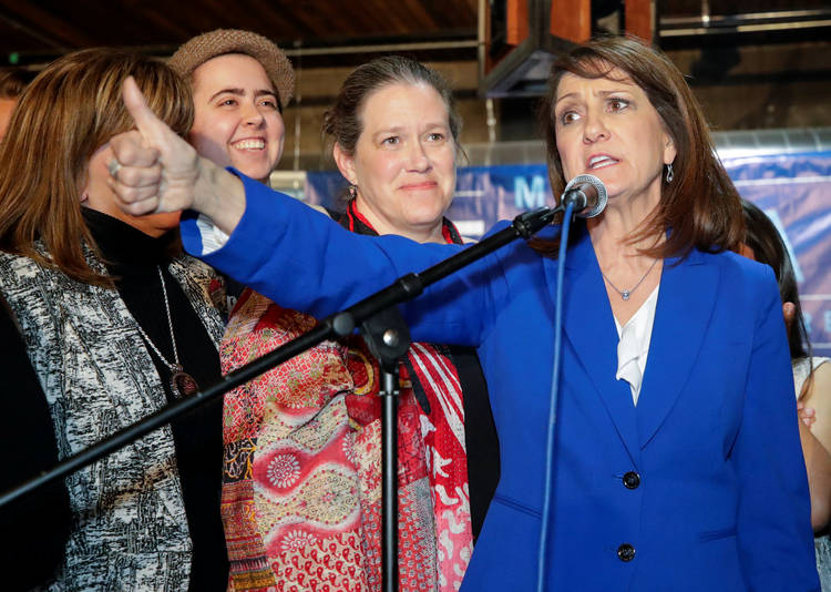 Democratic candidate Marie Newman speaks during her election night rally. (Kamil Krzaczynski/Reuters)