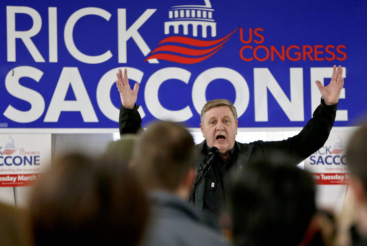 Republican candidate Rick Saccone speaks at a rally on Monday in Waynesburg, Pa. (Keith Srakocic/AP)