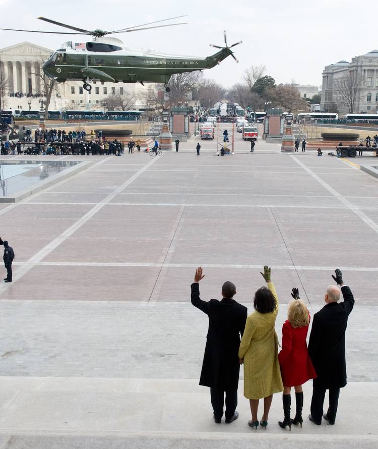 The Obamas and Bidens wave goodbye to the Marine helicopter carrying George W. Bush away to Andrews Air Force Base when he left office in January 2009. (File)