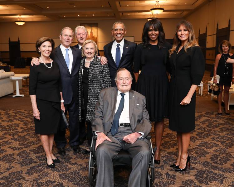 Former presidents and first ladies, along with Melania Trump, attend the funeral of Barbara Bush in April. (Paul Morse/Office of George H.W. Bush)