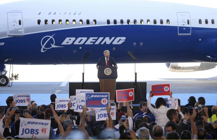 President Trump speaks at an event in North Charleston, S.C., last year to celebrate the construction of the Boeing 787-10 Dreamliner. (Kevin Lamarque/Reuters)