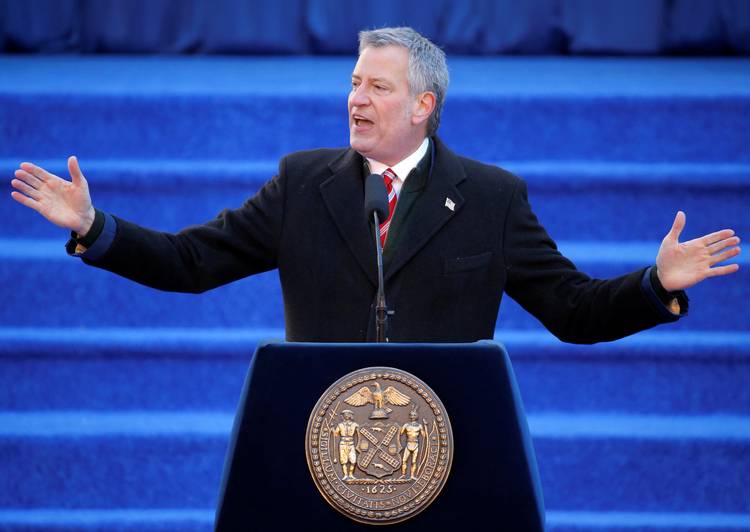New York City Mayor Bill de Blasio delivers remarks at his 2018 inaugural ceremony in Manhattan in January. (Andrew Kelly/Reuters)