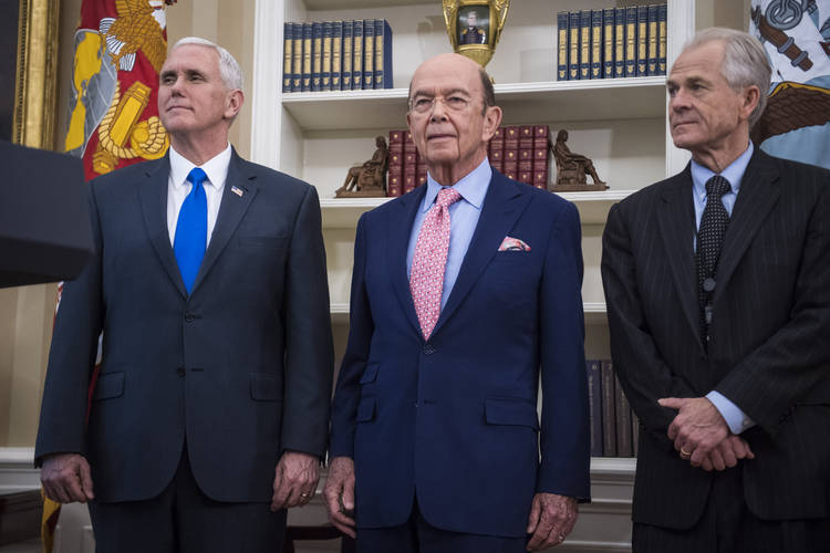 Vice President Pence, Secretary of Commerce Wilbur Ross and Peter Navarro listen as President Trump speaks in the Oval Office. (Jabin Botsford/The Washington Post)