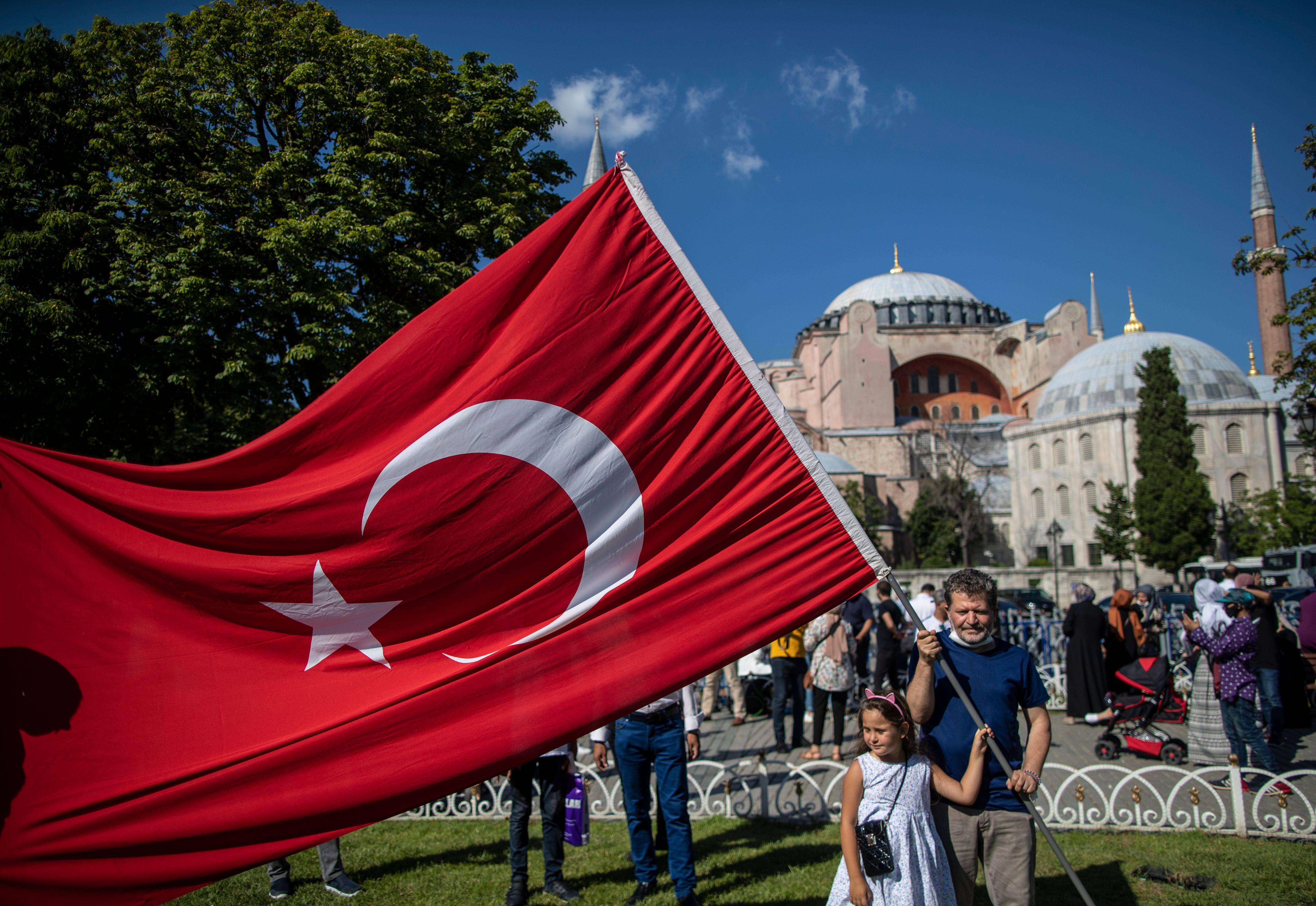 People celebrate outside Hagia Sophia in Istanbul on July 12. (Erdem Sahin/EPA-EFE/Shutterstock)