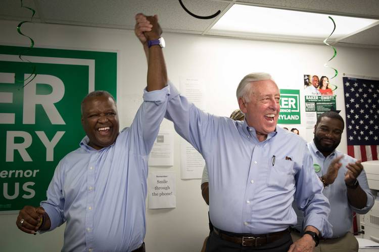 Rep. Steny Hoyer (D-Md.), right, stumps for Rushern Baker in Greenbelt. The county executive of Prince George's County is running in a crowded Democratic primary and locked in a tight race with former NAACP President Ben Jealous. (Cheryl Diaz Meyer for The Washington Post)