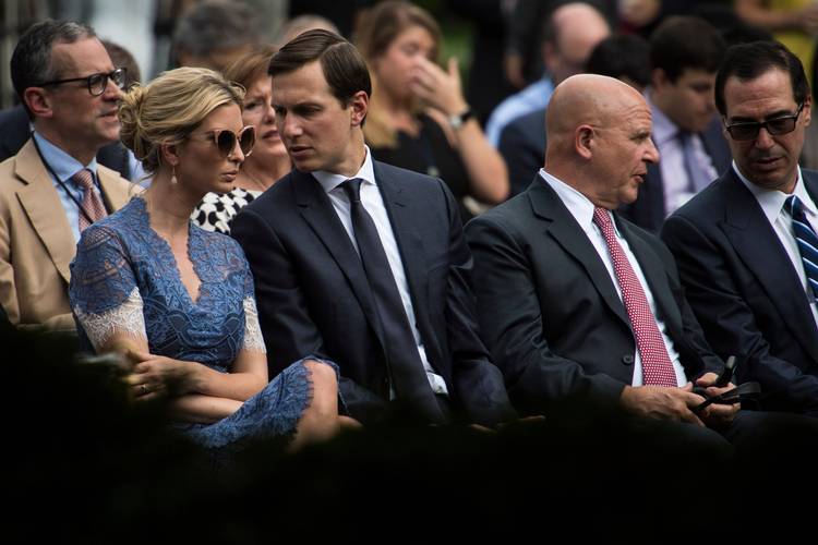 Ivanka Trump and Jared Kushner sit waiting before a Rose Garden news conference in July. (Jabin Botsford/The Washington Post)