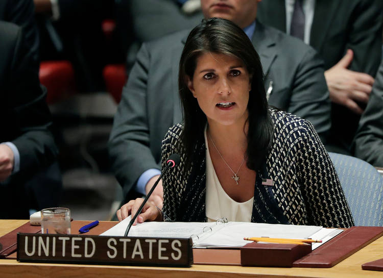 U.N. Ambassador Nikki Haley speaks during a Security Council meeting at U.N. headquarters. (Julie Jacobson/AP)