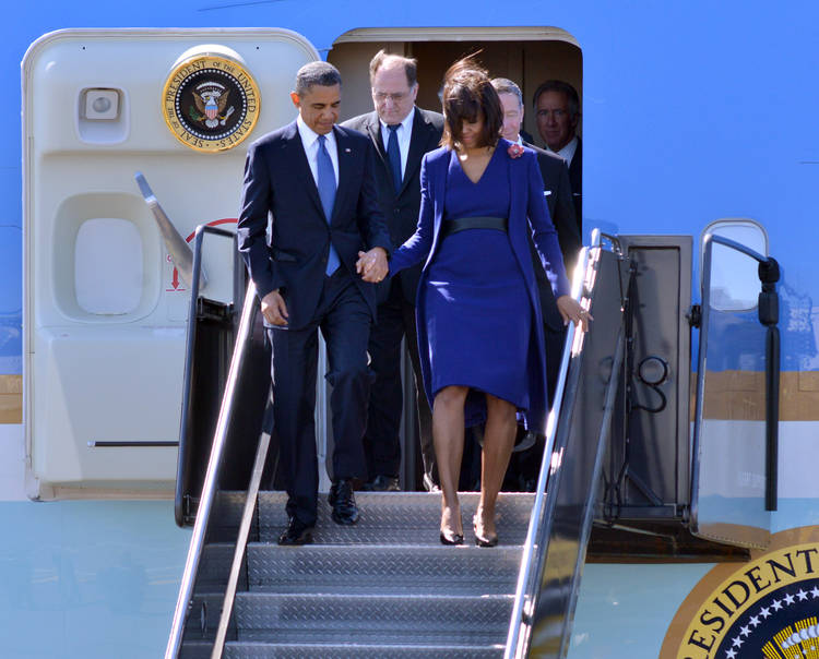 Michael Capuano deplanes from Air Force One with Barack and Michelle Obama in 2013. (Josh Reynolds/Associated Press)