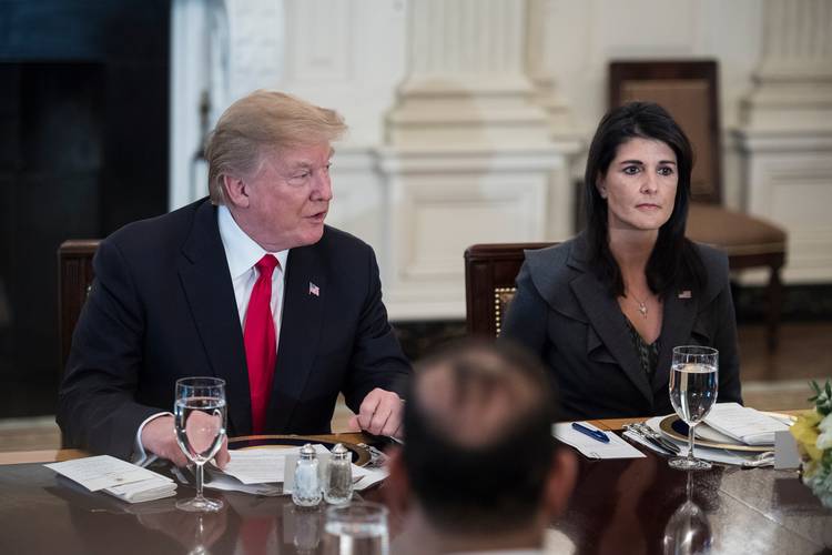 President Trump, joined by U.S. Ambassador to the U.N. Nikki Haley, speaks during a January lunch with the U.N. Security Council at the White House. (Jabin Botsford/The Washington Post)