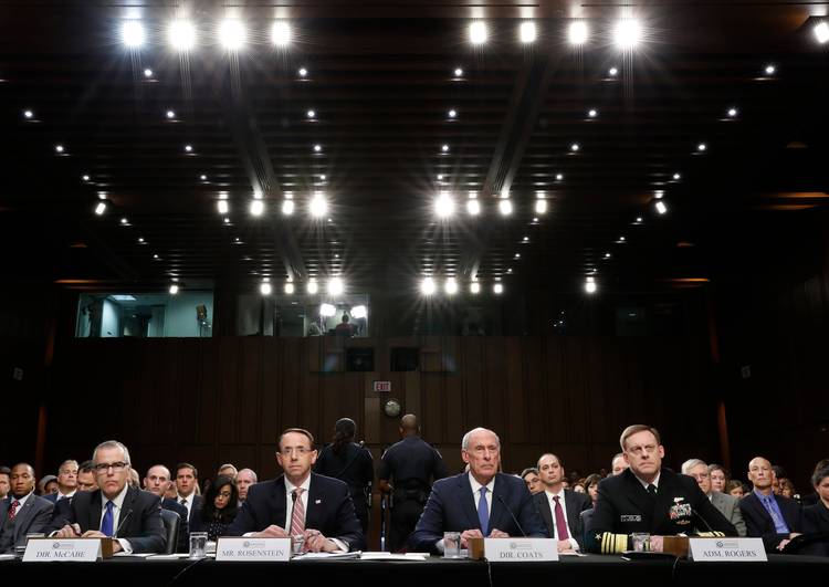 Andrew McCabe, Rod Rosenstein, Dan Coats and Director Adm. Michael Rogers. (Alex Brandon/AP)