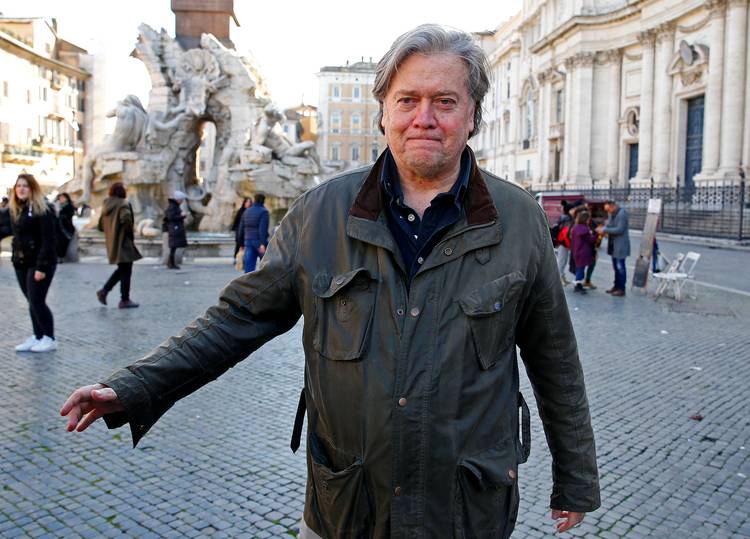 Former White House chief strategist Steve Bannon walks in Piazza Navona in Rome last Friday ahead of the Italian elections. (Tony Gentile/Reuters)