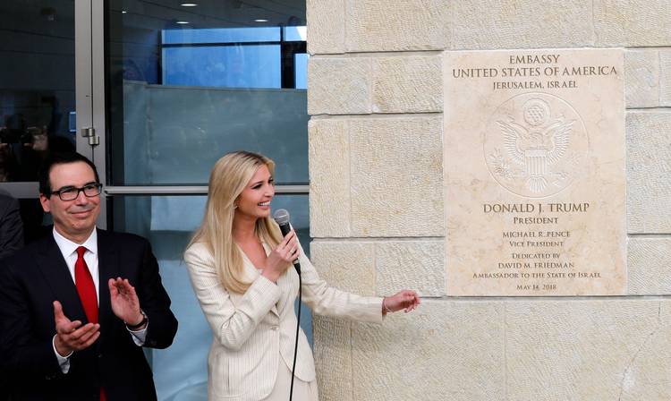 Ivanka Trump and Treasury Secretary Steven Mnuchin speak during the opening ceremony at the U.S. Embassy in Jerusalem. (Abir Sultan/European Pressphoto Agency/Shutterstock)