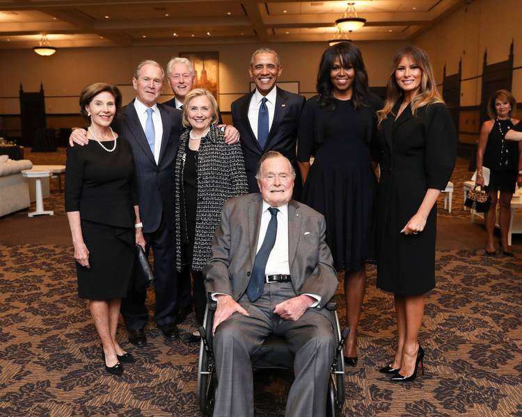 First lady Melania Trump attends Barbara Bush's funeral in April in Houston. She posed for a photo with past presidents and first ladies, including Laura Bush. (Paul Morse/Office of George H.W. Bush/AP)