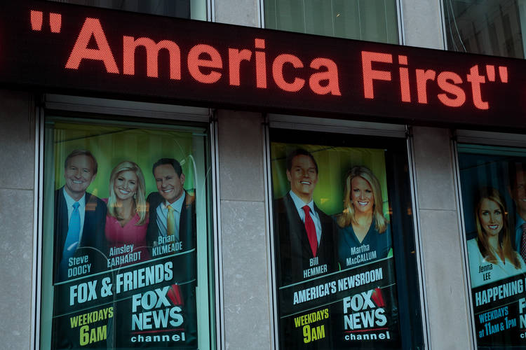 An advertisement for “Fox And Friends” outside the show's studio in New York City. (Drew Angerer/Getty Images)