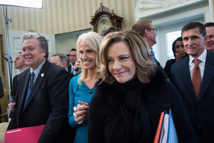 Then-Deputy National Security Adviser K.T. McFarland watches Jeff Sessions get sworn in as attorney general in the Oval Office last year. (Jabin Botsford/The Washington Post)