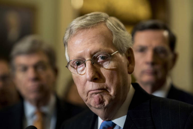 Mitch McConnell speaks to reporters last week after the weekly GOP luncheon at the Capitol. (Melina Mara/The Washington Post)