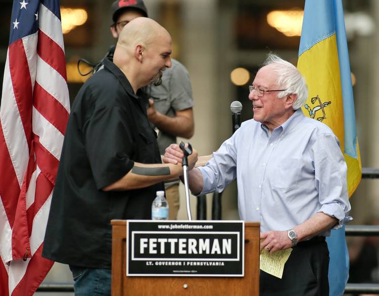 John Fetterman, a candidate for Pennsylvania lieutenant governor, campaigns Friday with Sen. Bernie Sanders (I-Vt). (Elizabeth Robertson/Philadelphia Inquirer/AP)