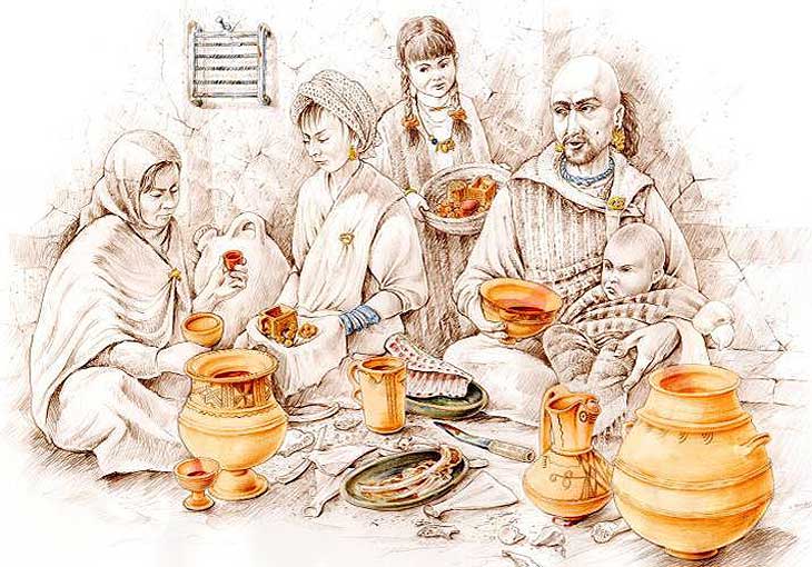 Escena hogareña vaccea (dibujo de Luis Pascual Repiso) Escena hogareña vaccea (dibujo de Luis Pascual Repiso)