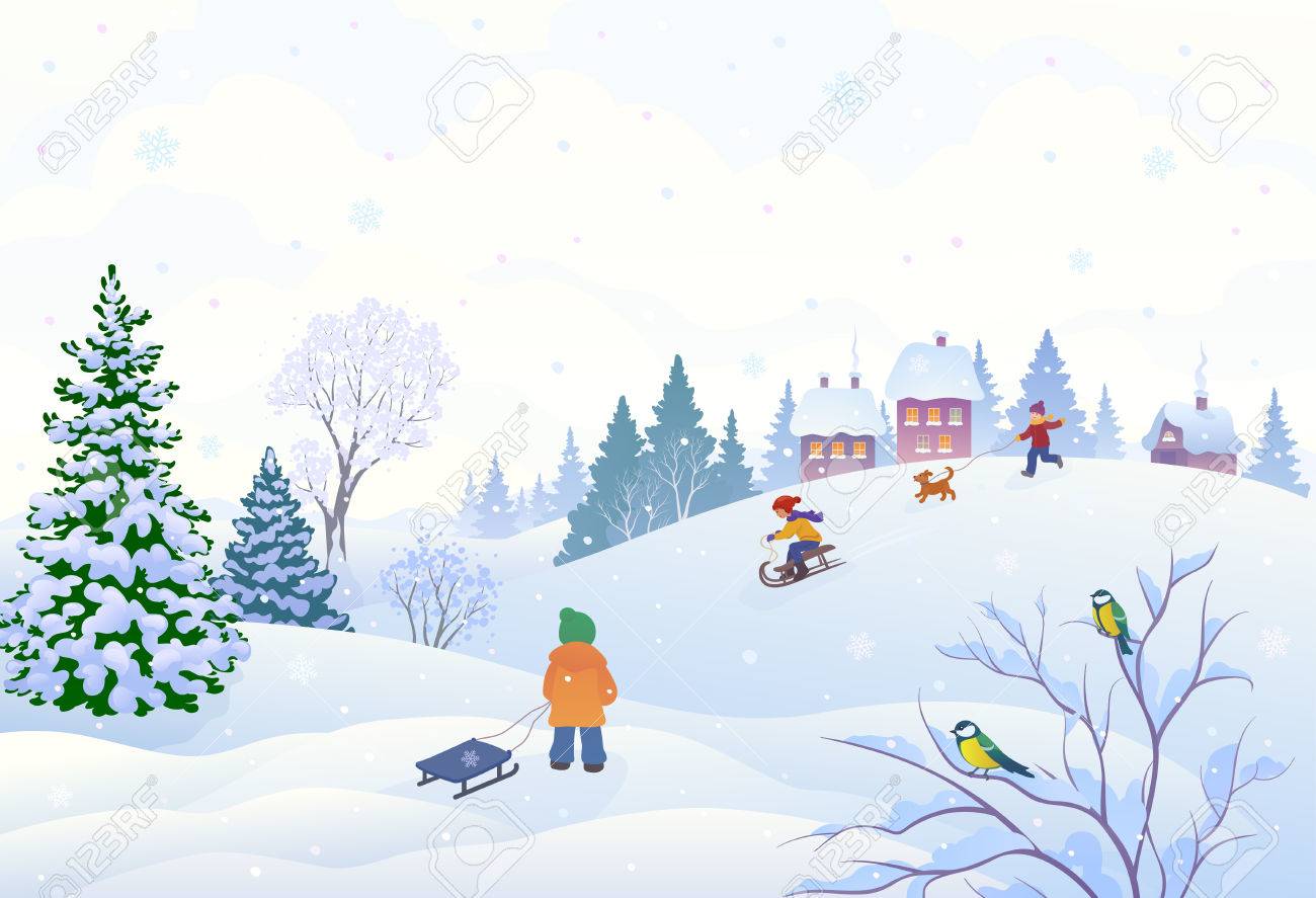 Illustration Of A Winter Scene In A Small Snowy Village With ...