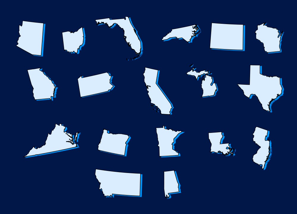 Arizona; Ohio; Florida; North Carolina; Colorado; Wisconsin; Georgia; Pennsylvania; California; Michigan; Texas; Virginia; Oregon; Minnesota; Louisiana; New Jersey; Montana; Alabama