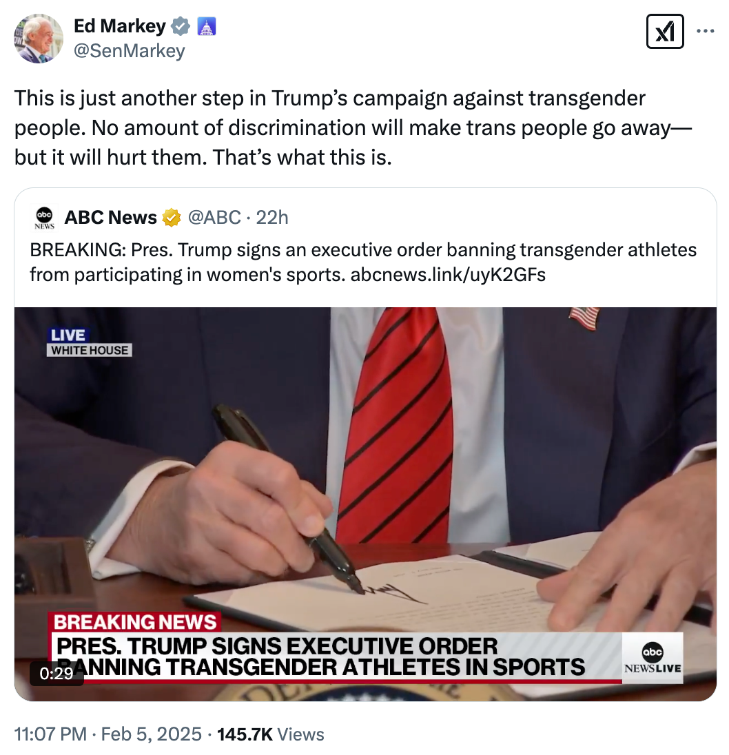Ed Markey's tweet: This is just another step in Trump's campaign against transgender people