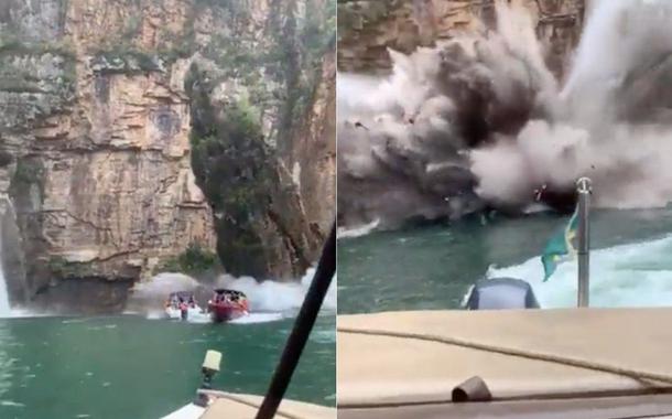 Novo vídeo mostra turistas em barco tentando avisar desabamento de cânion em Minas