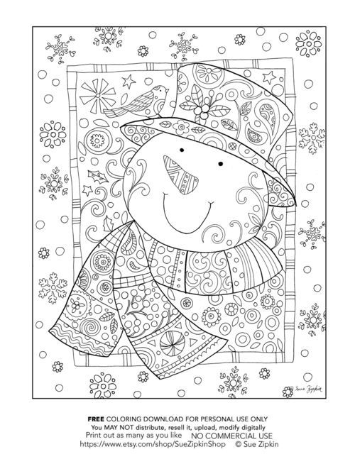 © Sue Zipkin snowman coloring page sample. Download for personal use. Purchase more pages at : https://www.etsy.com/shop/SueZipkinShop: 