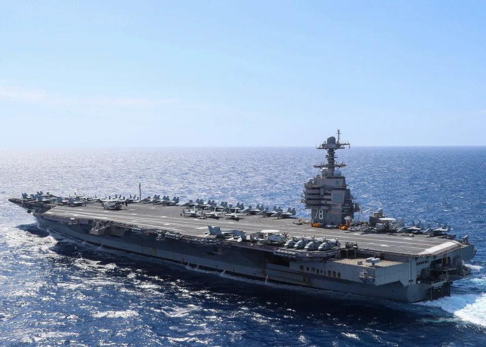 Aircraft attached to Carrier Air Wing (CVW) 8 sit on USS Gerald R. Ford&#39;s (CVN 78) flight deck as the ship steams through the Atlantic Ocean, April 13, 2022