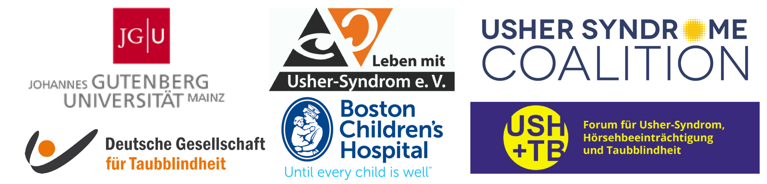  USH2018 Partner logos: Johannes Gutenberg Universitat Mainz, Deutsche Gesellschaft fur Taubblindheit, Boston Children's Hospital, Usher Syndrome Coalition, Leben mit Usher-Syndrom e.V., USH+TB Forum fur Usher-syndrom, Horsehbeeintrachtigung und Taubblindhelt