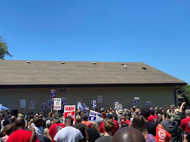 Bernie speaking at a rally for striking workers