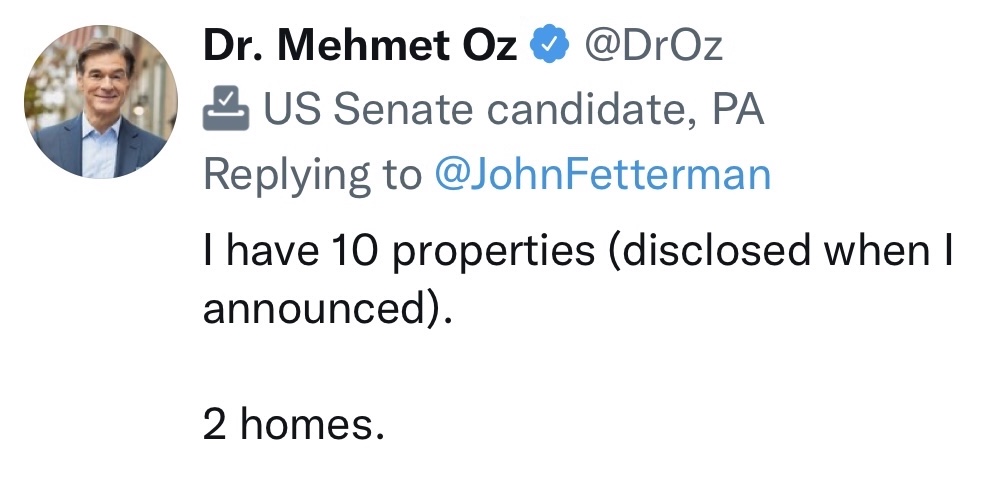 Dr. Oz replying to John's tweet, saying he owns 10 properties and 2 homes