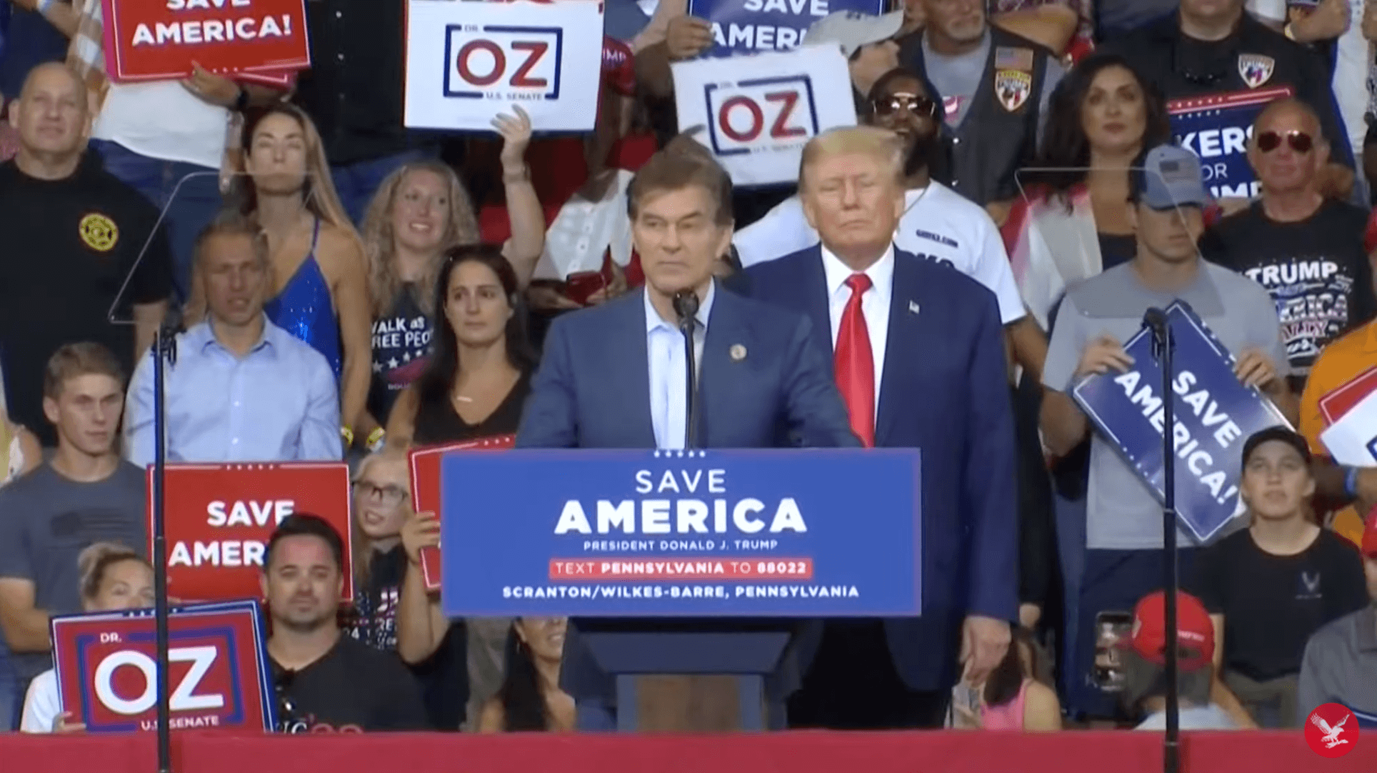 Donald Trump + Dr. Oz standing together at rally in Wilkes-Barre PA on September 3, 2022.