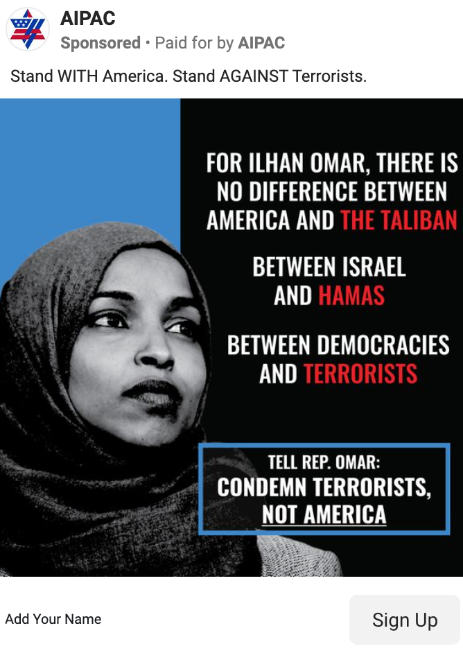 AIPAC Facebook ad comparing Ilhan a terrorist
