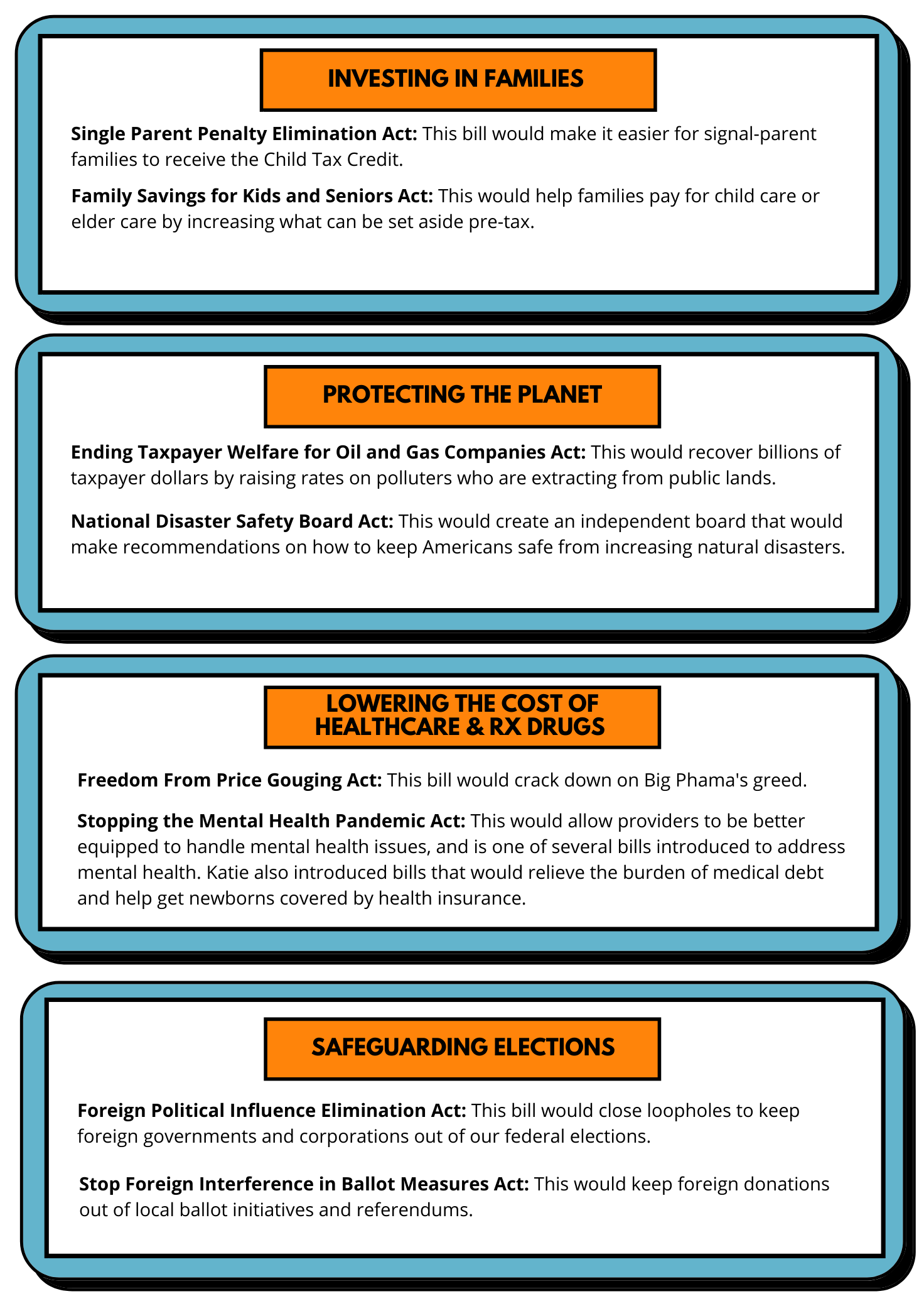 Four bills Katie has introduced in the categories of investing in families, protecting the planet, lowering the cost of Rx drugs, and safeguarding elections.