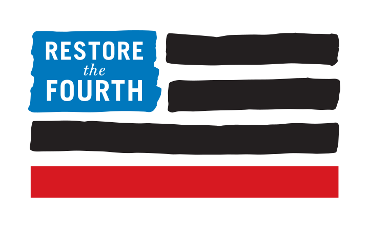 Restore the Fourth Logo: Flag with black and red stripes and a blue square that says  Restore the Fourth Logo: Flag with black and red stripes and a blue square that says