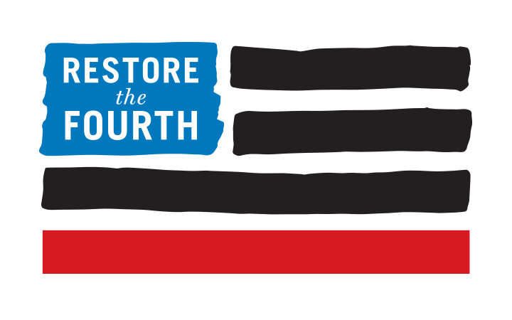 Restore the Fourth Logo: Flag with black and red stripes and a blue square that says
