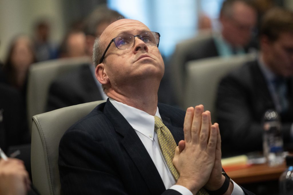 Marc Elias, an attorney for Democratic congressional candidate Dan McCready, questions a witness during the third day of a public evidentiary hearing on the 9th Congressional District voting irregularities investigation Wednesday, Feb. 20, 2019, at the North Carolina State Bar in Raleigh. (News & Observer pool photo)