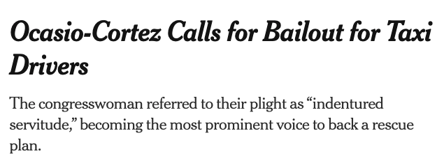 Ocasio-Cortez Calls for Bailout for Taxi Drivers - NY Times