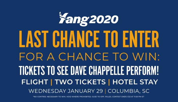 Last chance to enter for a chance to win two tickets to see Dave Chappelle perform in Columbia, South Carolina on Wednesday, January 29. Flight, two tickets and hotel stay on us. No contributions necessary to win. Void where prohibited. Subject to official rules.