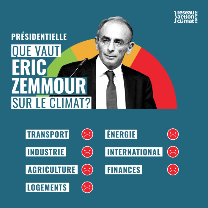 Fiche du candidat Zemmour : noté "rouge" dans toutes les catégories