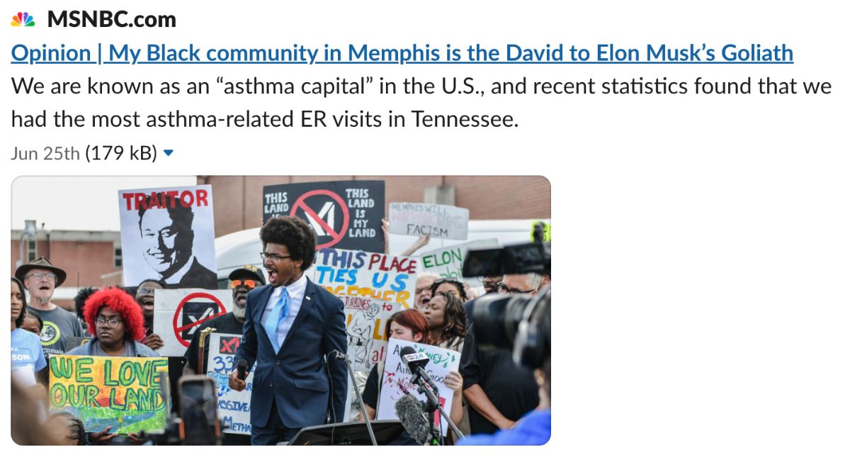 Screenshot from MSNBC.com with the headline: Opinion | My Black community in Memphis is the David to Elon Musk’s Goliath. The subheading reads: We are known as an “asthma capital” in the U.S., and recent statistics found that we had the most asthma-related ER visits in Tennessee. Below is a photo of Justin J. Pearson speaking at a rally.