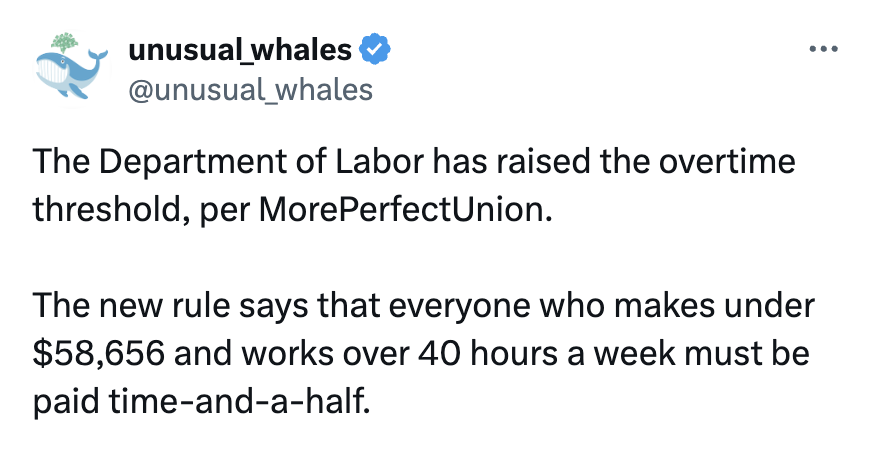Screenshot from post on X by @unusual_whales: 'The Department of Labor has raised the overtime threshold, per MorePerfectUnion. The new rule says that everyone who makes under $58,656 and works over 40 hours a week must be paid time-and-a-half.'