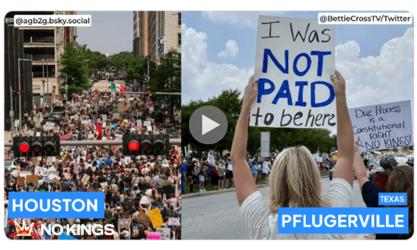 A screenshot from Indivisble's Bluesky post that showcases images or videos from rallies in all 50 states on June 14, 2025 -- Click to watch and share