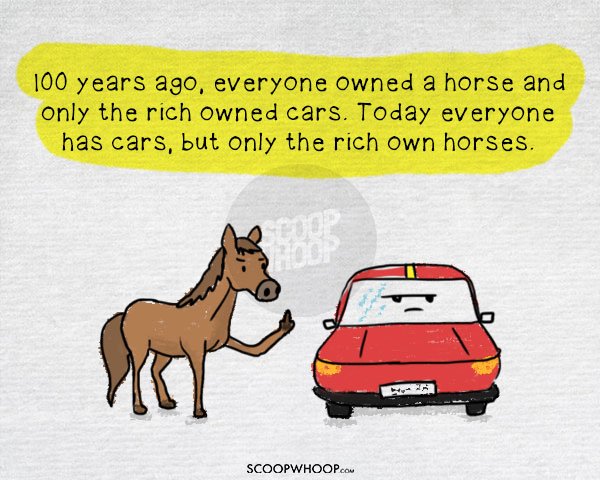 Image result for - 100 years ago everyone owned a horse and only the rich had cars. Today everyone has cars and only the rich own horses.